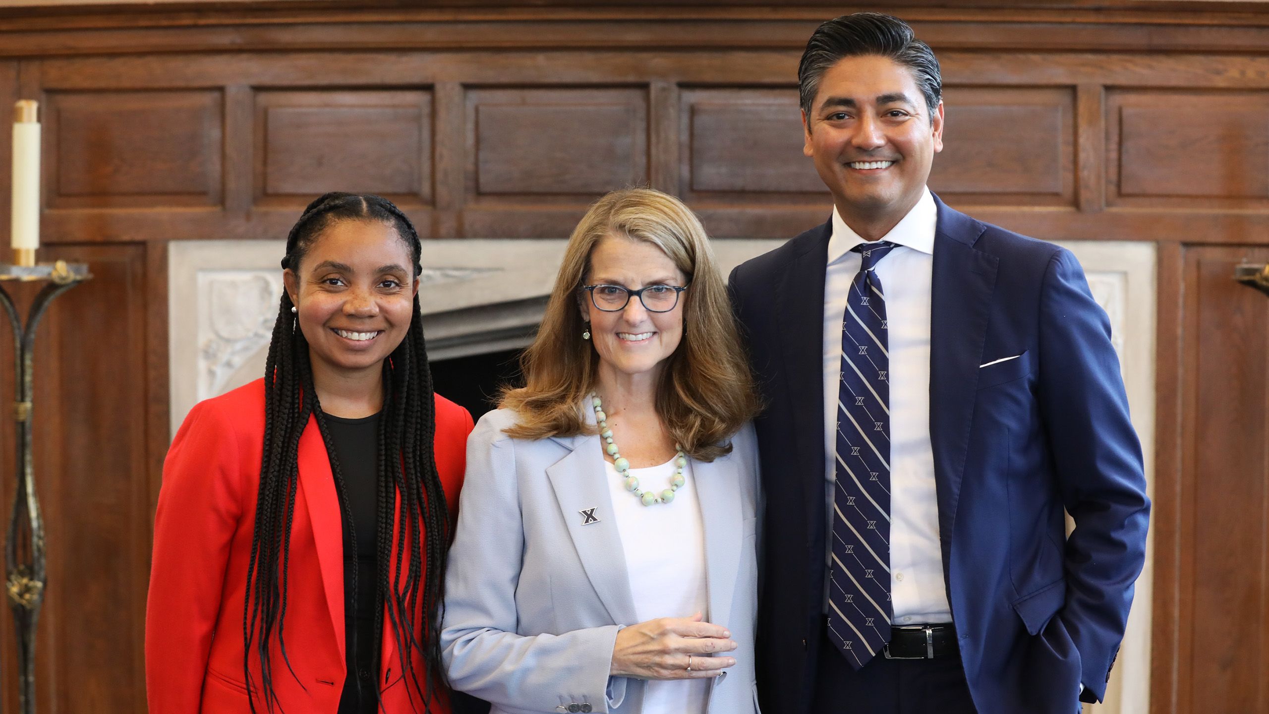 Cincinnati City Manager Sheryl Long, Xavier University President Colleen Hanycz, and Cincinnati Mayor Aftab Pureval pose together.